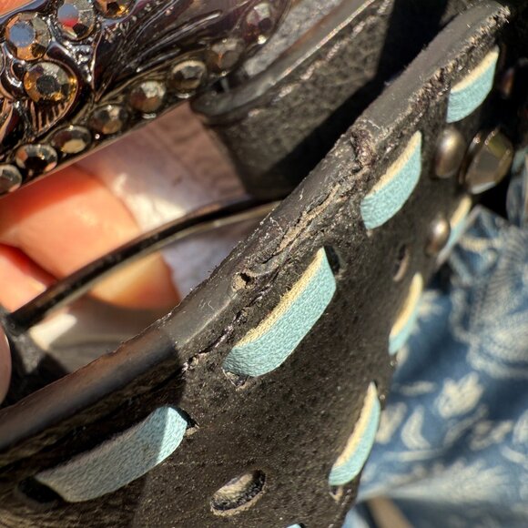 Black & Blue Leather Western Belt w/ Black Crystals - Picture 3 of 9